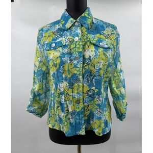 Ruby Rd Favorites Petite Button Front Shirt Jacket Blue Green Floral Leaf 12P
